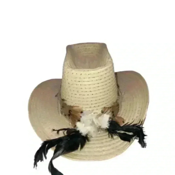 The Round Up Curl Brim Cowboy Rodeo Western Hat Feathers Size 6 3/4 - Picture 1 of 11